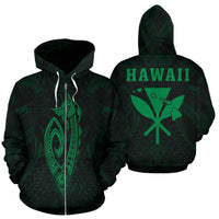 Polynesian Fish Hook Kanaka Map of Hawaii Zip Hoodie Green Unisex Green - Polynesian Pride