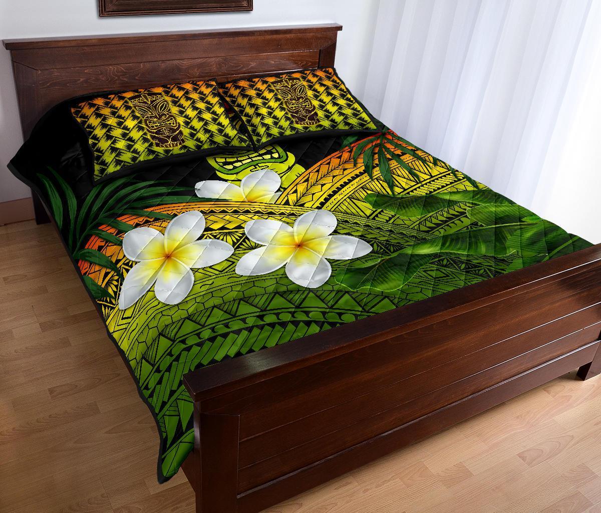 Hawaii Quilt Bed Set, Polynesian Tiki Plumeria Banana Leaves Reggae - Polynesian Pride