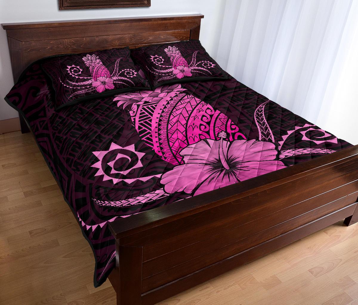 Hawaii Polynesian Pineapple Hibiscus Quilt Bed Set - Zela Style Pink - Polynesian Pride