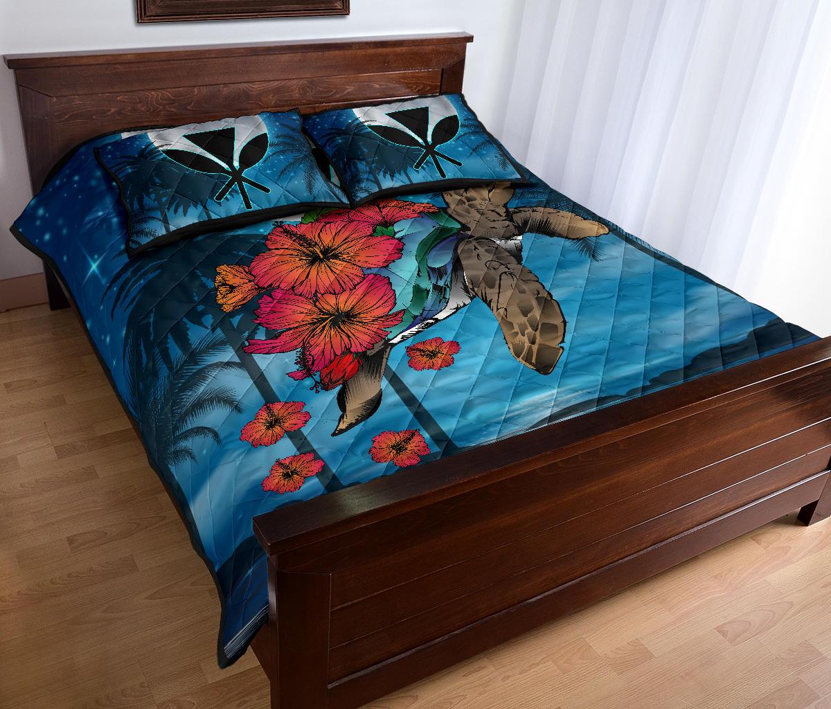 Hawaii Turtle Kanaka Hibiscus Stary Night Quilt Bed Set - Polynesian Pride