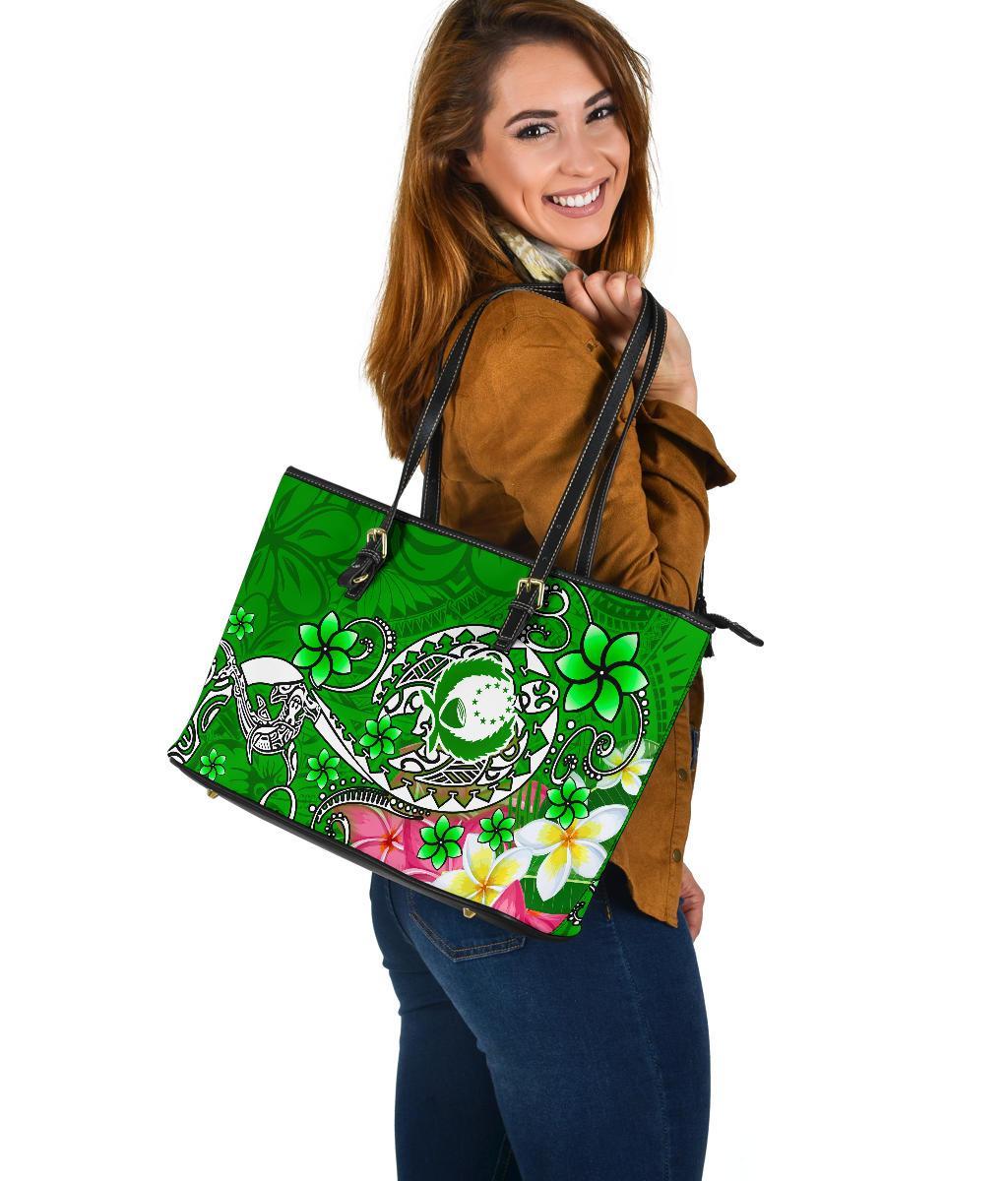 Pohnpei Large Leather Tote Bag - Turtle Plumeria (Green) - Polynesian Pride