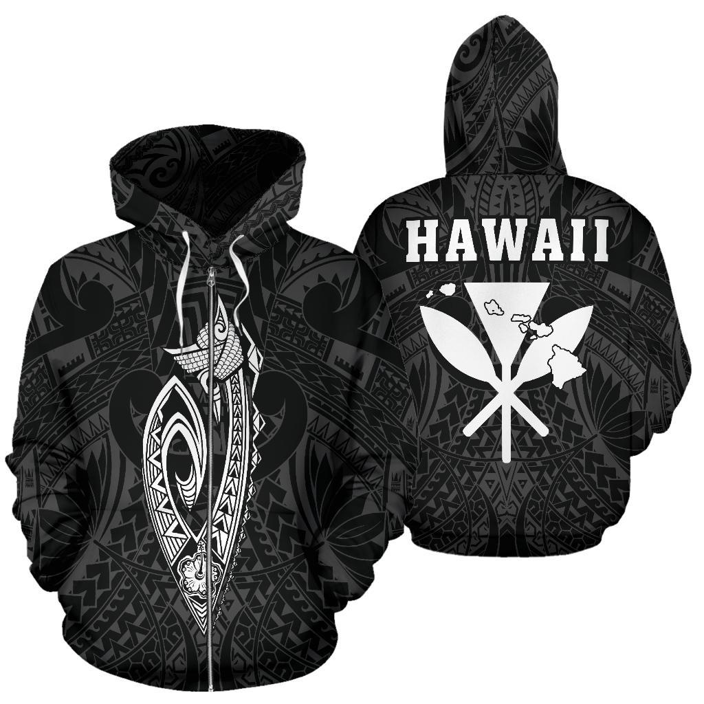 Polynesian Fish Hook Kanaka Map of Hawaii Zip Hoodie White Unisex White - Polynesian Pride