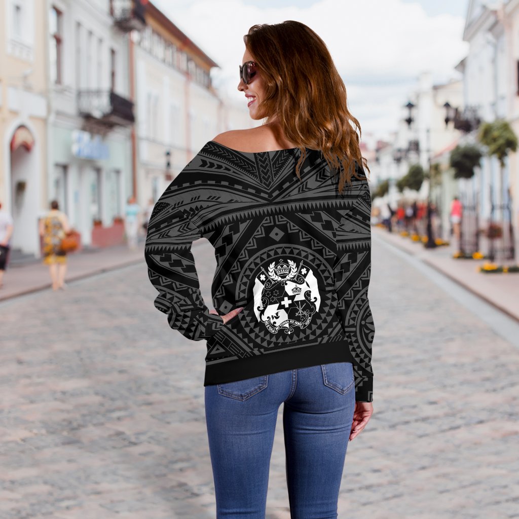 Tonga Personalised Women's Off Shoulder Sweater - Tonga Seal With Polynesian Tattoo Style (Black) - Polynesian Pride