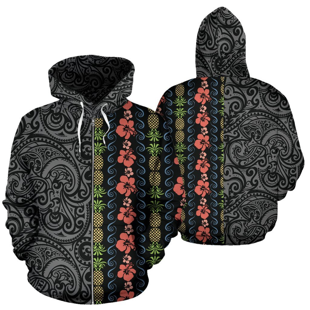 Hawaii Zip up Hoodie Hibiscus Flower Pineapple Polynesian Tattoo Half Unisex Black - Polynesian Pride