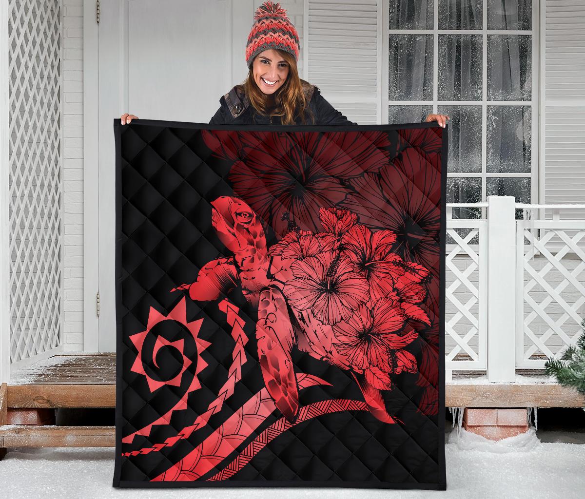 Hawaii Turtle Hibiscus Polynesian Vintage Premium Quilt - Blue - Polynesian Pride