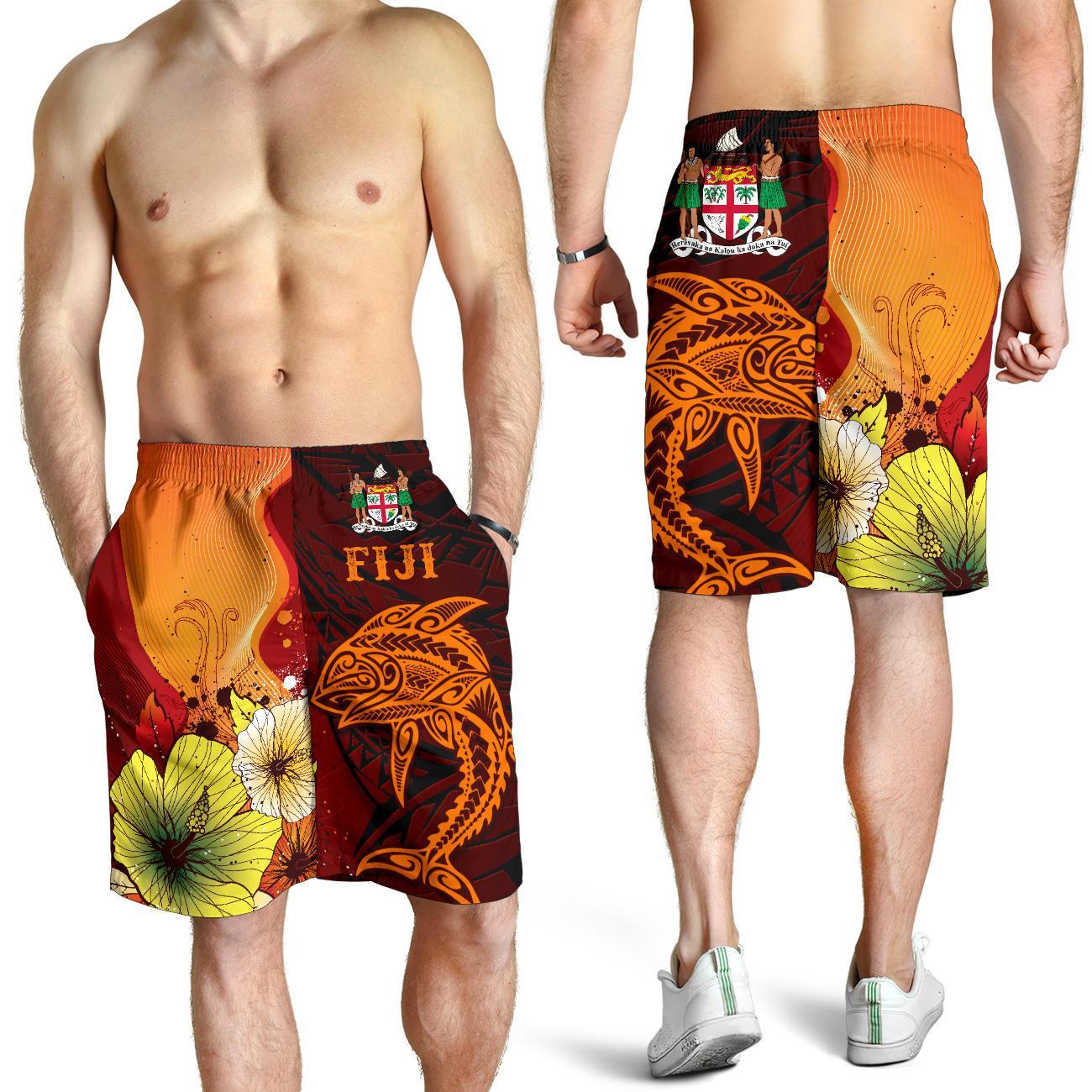 Fiji Men's Shorts - Tribal Tuna Fish Orange - Polynesian Pride