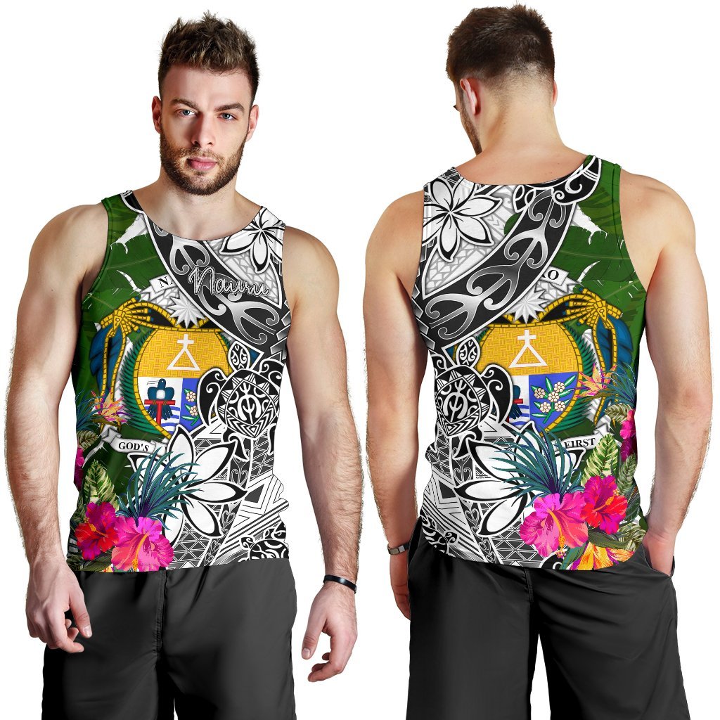 Nauru Men's Tank Top White - Turtle Plumeria Banana Leaf Crest - Polynesian Pride