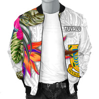 Tuvalu Men's Bomber Jacket Polynesian Hibiscus White Pattern - Polynesian Pride