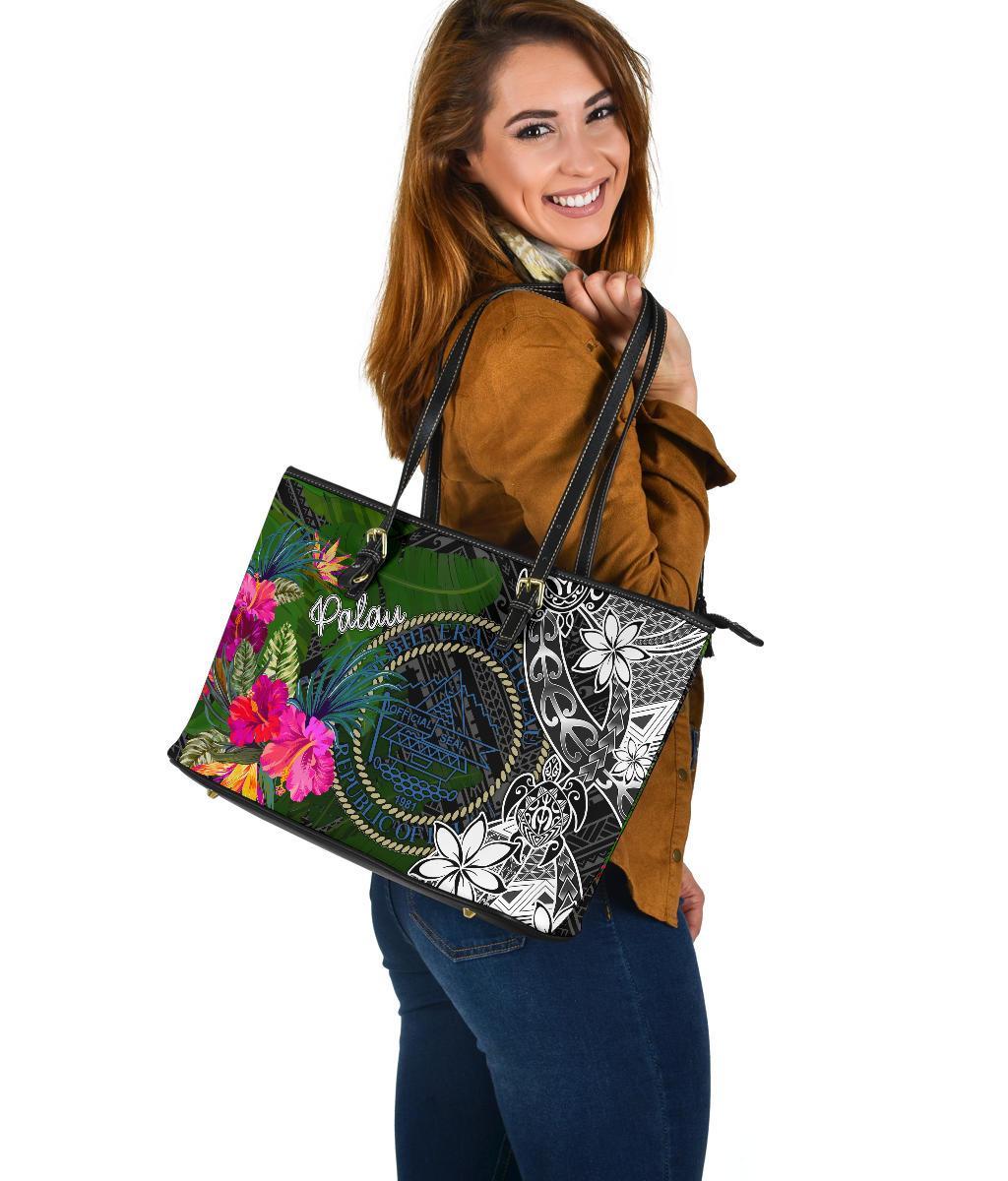 Palau Large Leather Tote Bag - Turtle Plumeria Banana Leaf Crest - Polynesian Pride
