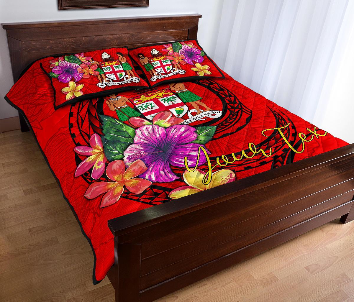 Fiji Polynesian Custom Personalised Quilt Bed Set - Floral With Seal Red - Polynesian Pride