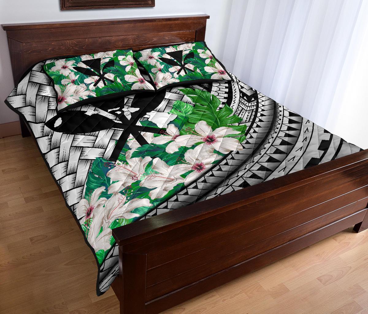 Kanaka Maoli (Hawaiian) - Quilt Bed Set Lauhala Polynesian Hibiscus Gray - Polynesian Pride