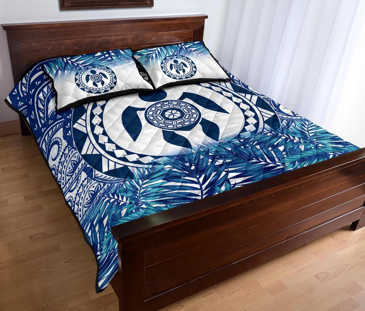 Polynesian Quilt Bed Set - Dark Blue Turtle Palm Gray Version - Polynesian Pride