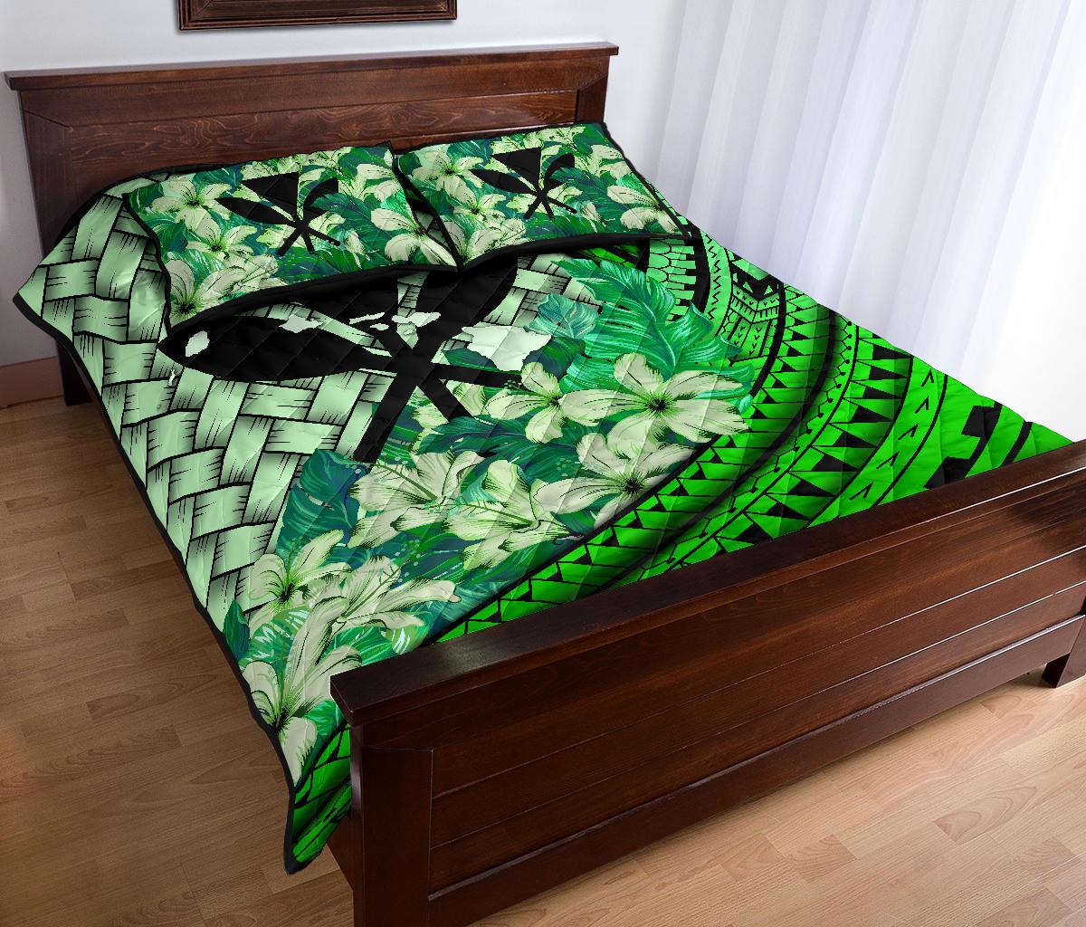 Kanaka Maoli (Hawaiian) - Quilt Bed Set Lauhala Polynesian Hibiscus Green - Polynesian Pride