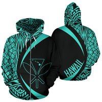 Polynesian Kanaka Maoli Map of Hawaii Zip Hoodie Turquoise Circle Style Unisex Turquoise - Polynesian Pride