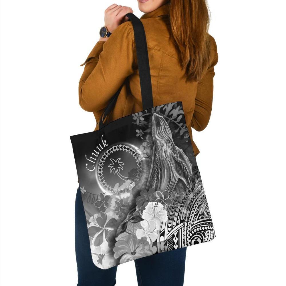Chuuk Tote Bags - Humpback Whale with Tropical Flowers (White) Tote Bag One Size White - Polynesian Pride