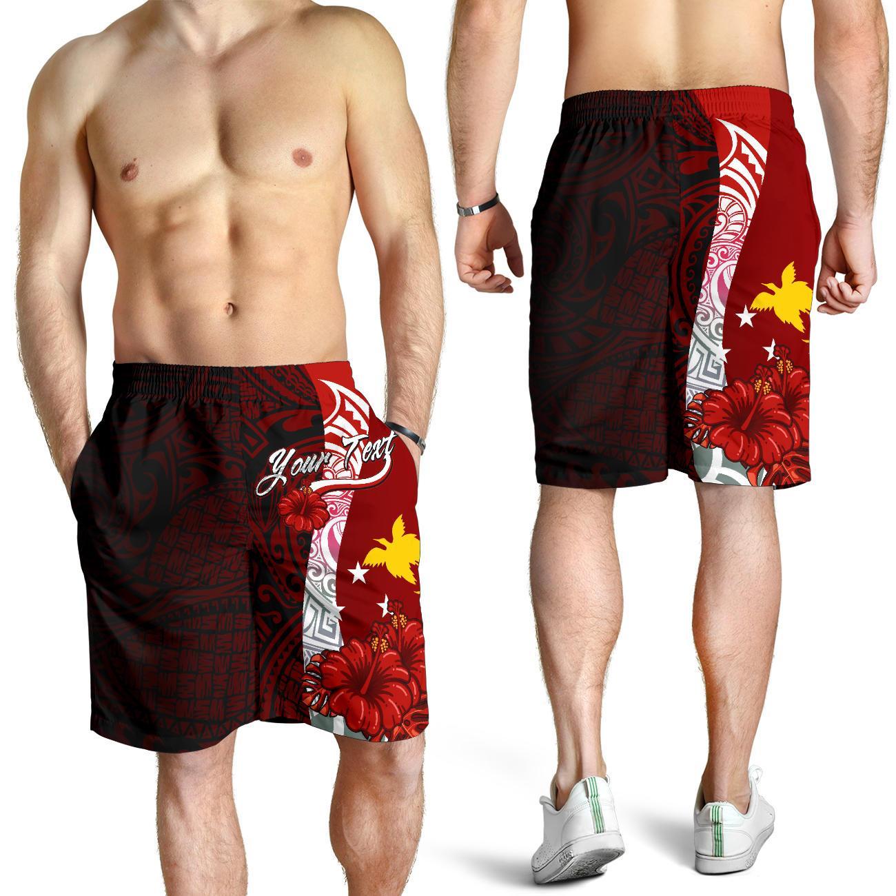 Papua New Guinea Polynesian Custom Personalised Men's Shorts - Coat Of Arm With Hibiscus Red - Polynesian Pride