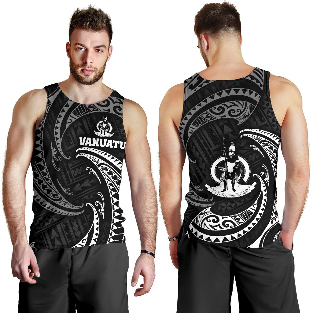 Vanuatu Polynesian Men's Tank Top - White Tribal Wave Black - Polynesian Pride