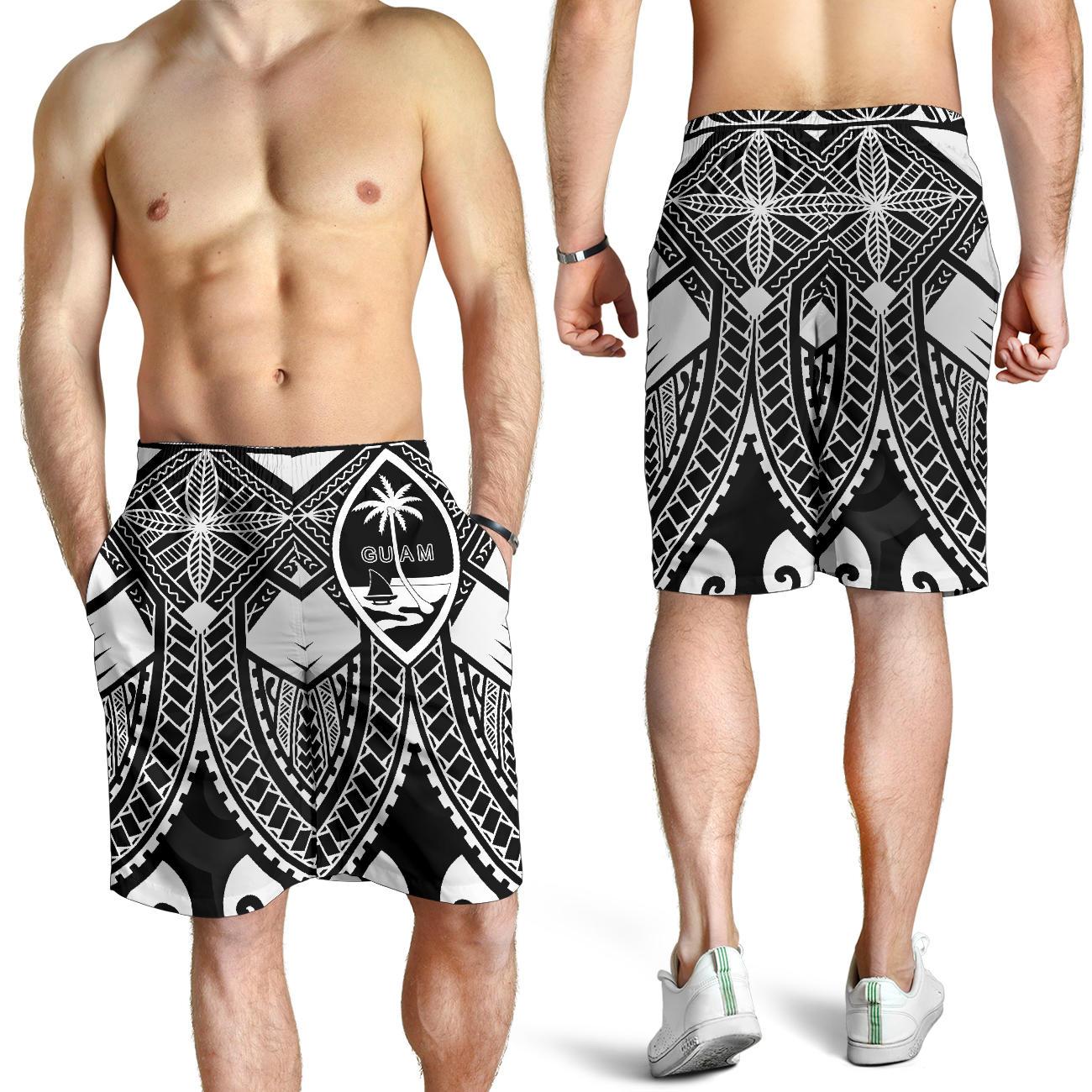 Guam Polynesian Men's Shorts - Guam White Seal with Polynesian Tattoo Ver 01 White - Polynesian Pride