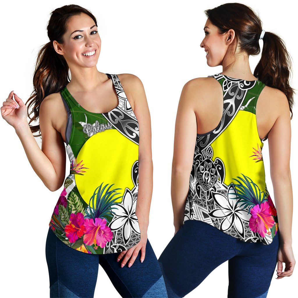 Palau Women's Racerback Tank White - Turtle Plumeria Banana Leaf - Polynesian Pride