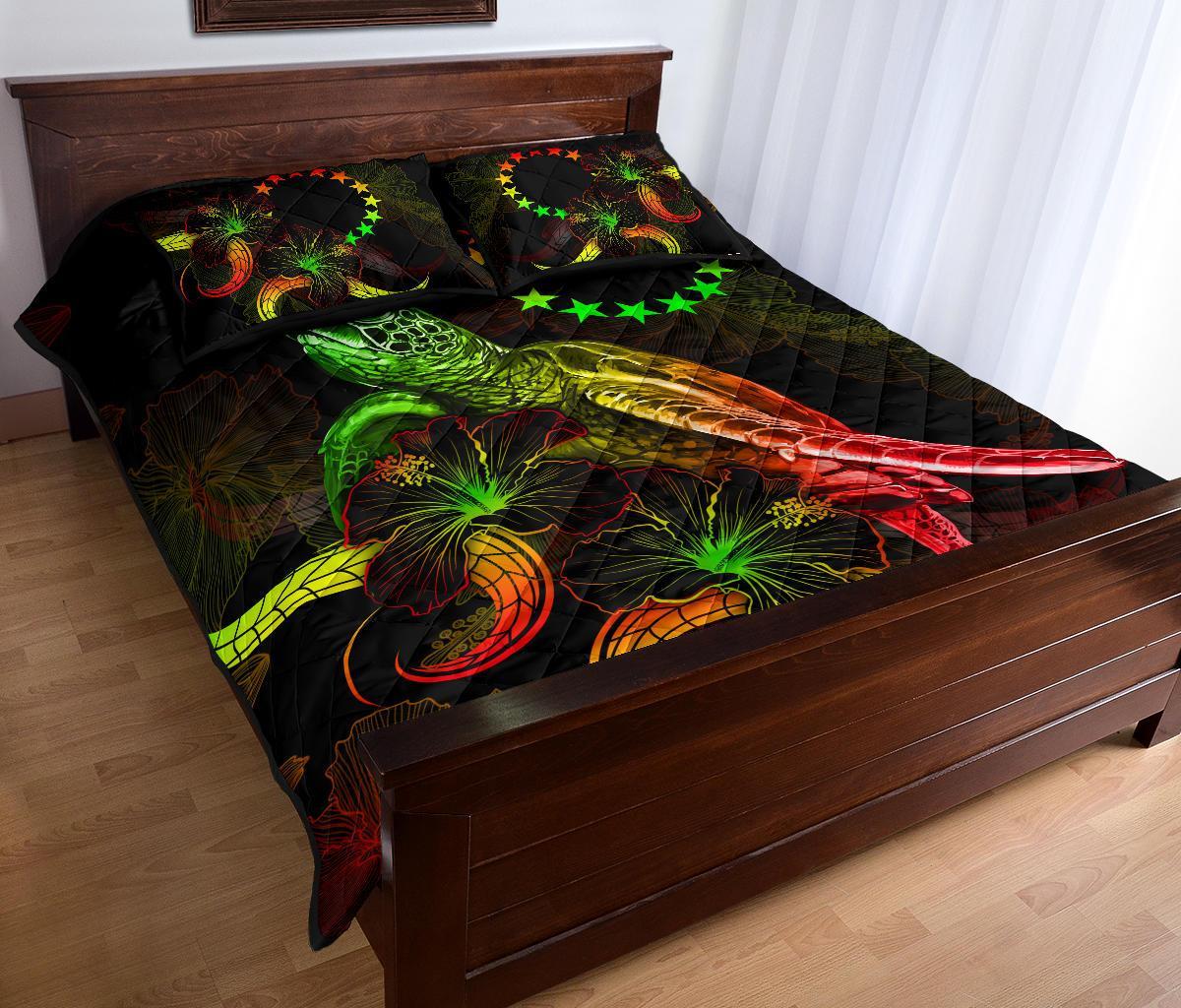 Cook Islands of Micronesia Polynesian Quilt Bed Set - Turtle With Blooming Hibiscus Reggae - Polynesian Pride