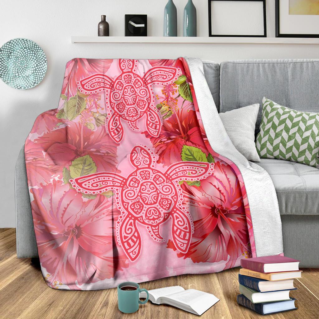 Hawaii Turtle Hibiscus Premium Blanket - Pink Style - Polynesian Pride