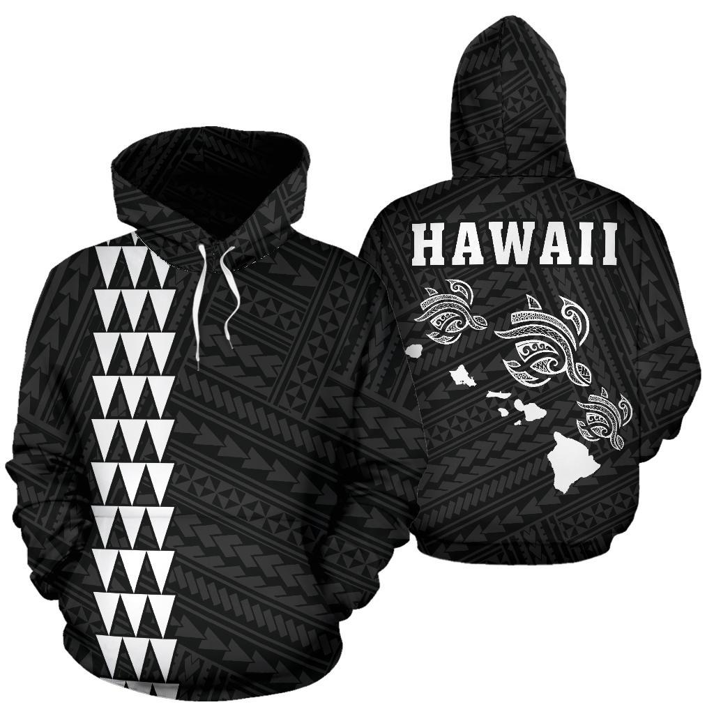 Polynesian Kakau Three Turtle Map of Hawaii Hoodie White Unisex White - Polynesian Pride