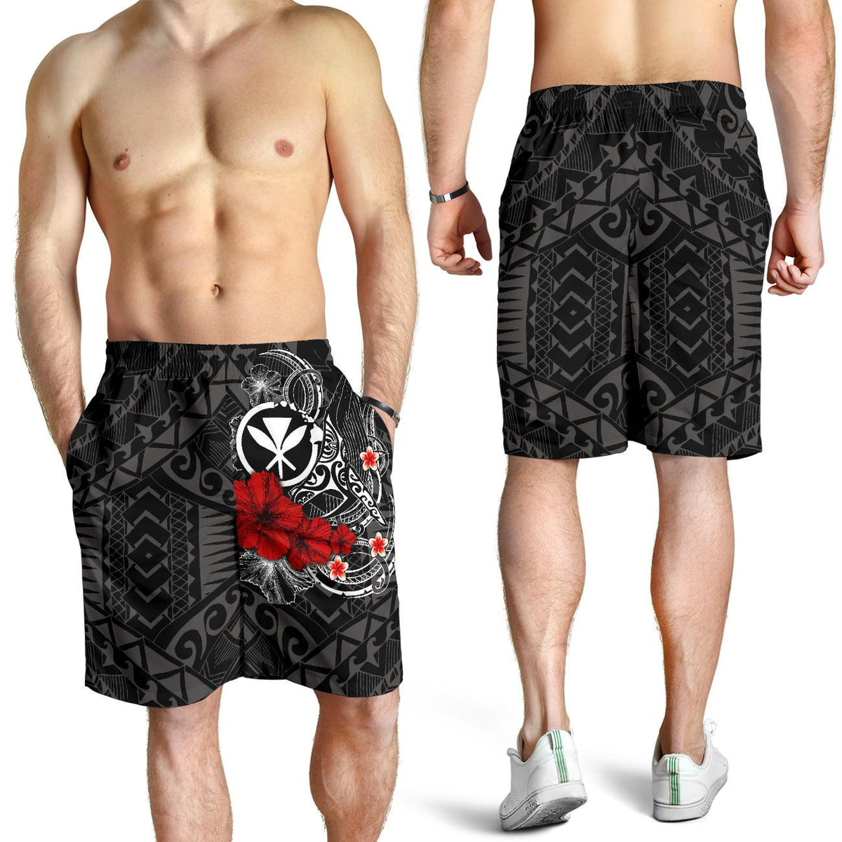 Polynesian Hawaii Kanaka Maoli Men's Shorts - Humpback Whale with Hibiscus (White) - Polynesian Pride