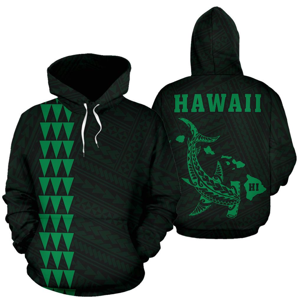 Polynesian Kakau Hammerhead Shark Map of Hawaii Hoodie Green Unisex Green - Polynesian Pride