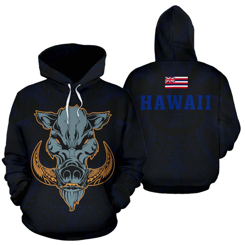 Polynesian Kamapuaa Flag of Hawaii Hoodie Blue Hawaiian Mythology Style Unisex Blue - Polynesian Pride