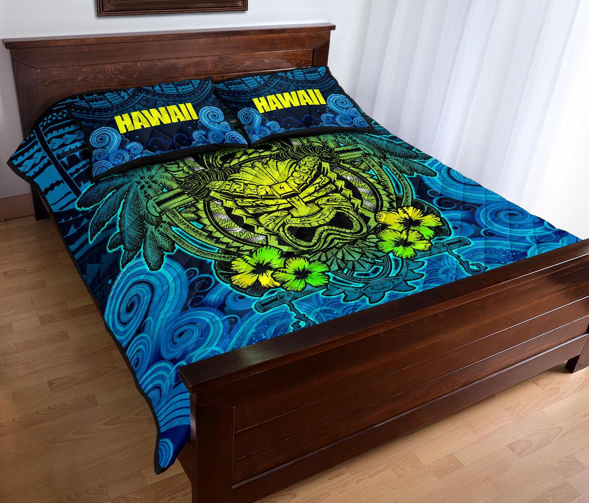 Hawaii Polynesian Quilt Bed Set - Hawaiian Green Yellow Tiki Face Blue Version - Polynesian Pride