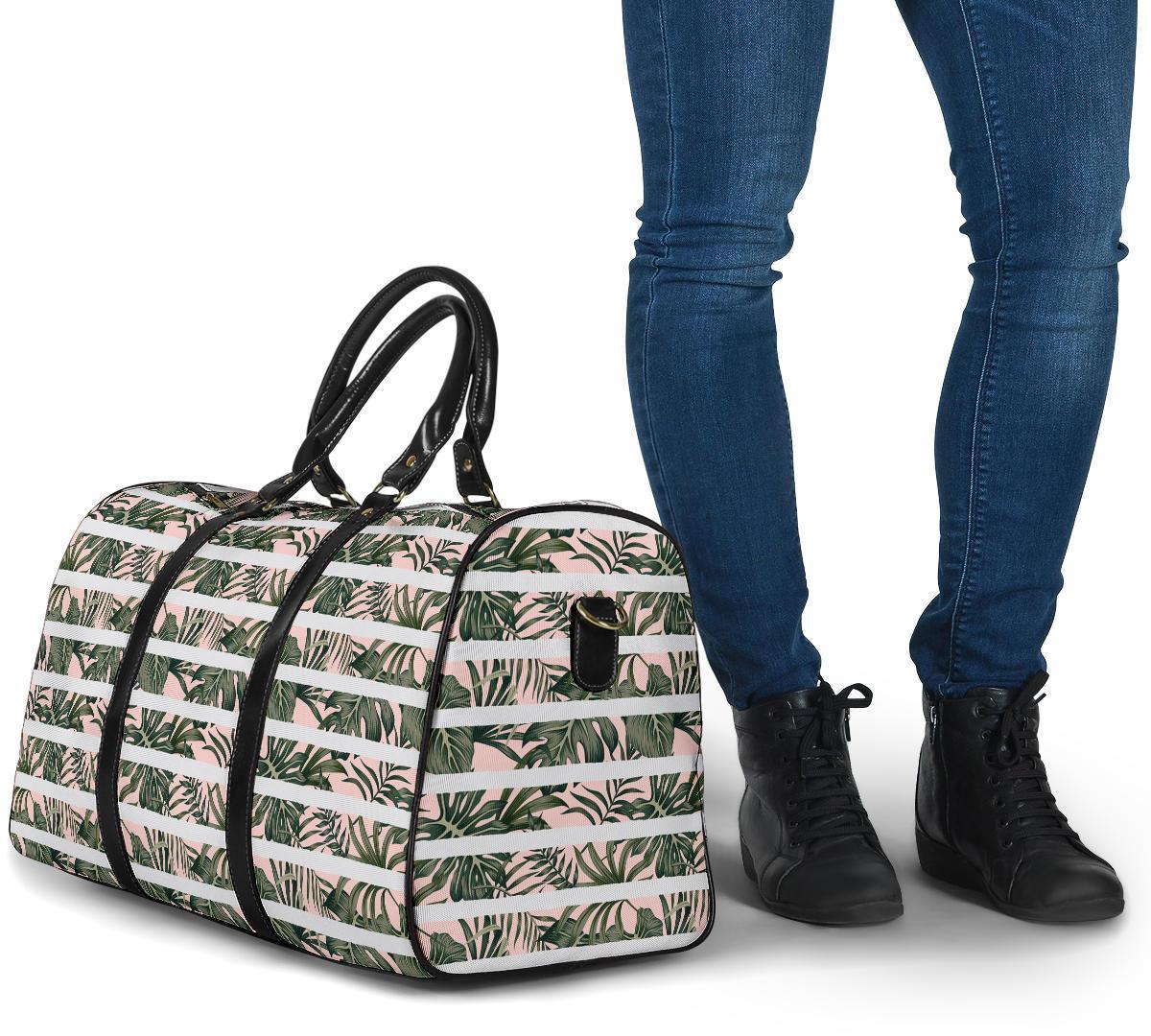 Hawaii Tropical Dark Green Leaves Seamless Pattern White Stripes Pink Background Hawaii Travel Bag - Polynesian Pride