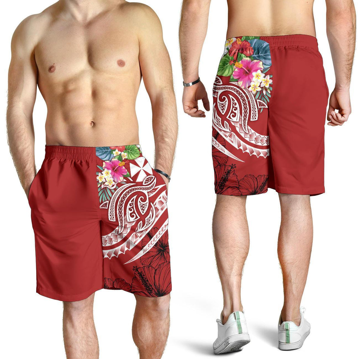 Wallis and Futuna Polynesian Men's Shorts - Summer Plumeria (Red) - Polynesian Pride