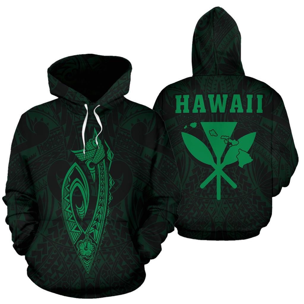 Polynesian Fish Hook Kanaka Map of Hawaii Hoodie Green Unisex Green - Polynesian Pride