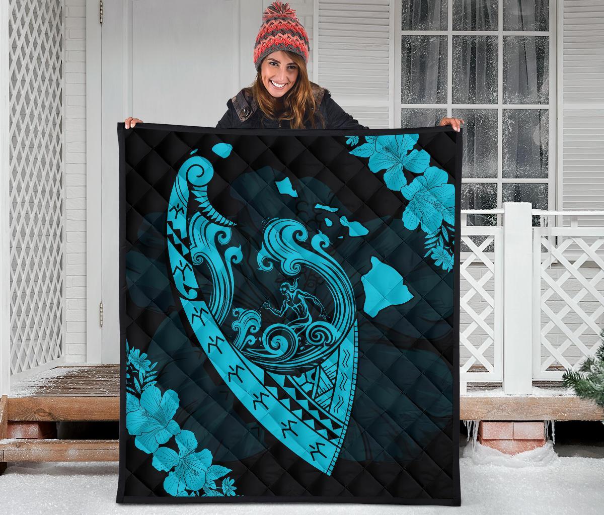 Hawaii Hibiscus Banzai Surfing Premium Quilt Blue - Polynesian Pride