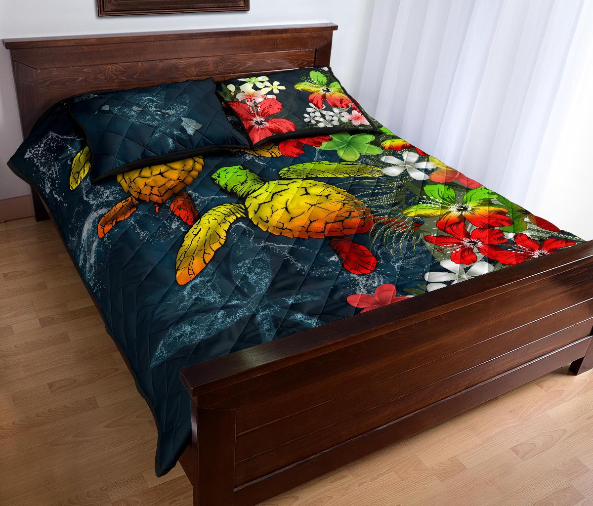 Kanaka Maoli (Hawaiian) Quilt Bed Set - Sea Turtle Tropical Hibiscus And Plumeria Reggae - Polynesian Pride