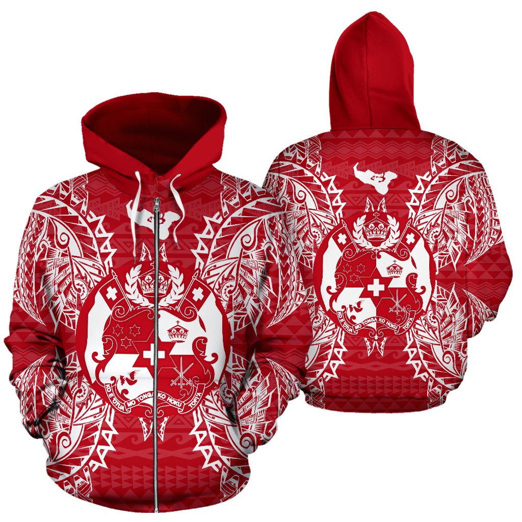 Tonga Polynesian All Over Zip up Hoodie Map Red White Unisex Red - Polynesian Pride