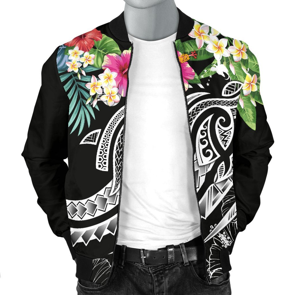 Papua New Guinea Polynesian Men's Bomber Jacket - Summer Plumeria (Black) - Polynesian Pride