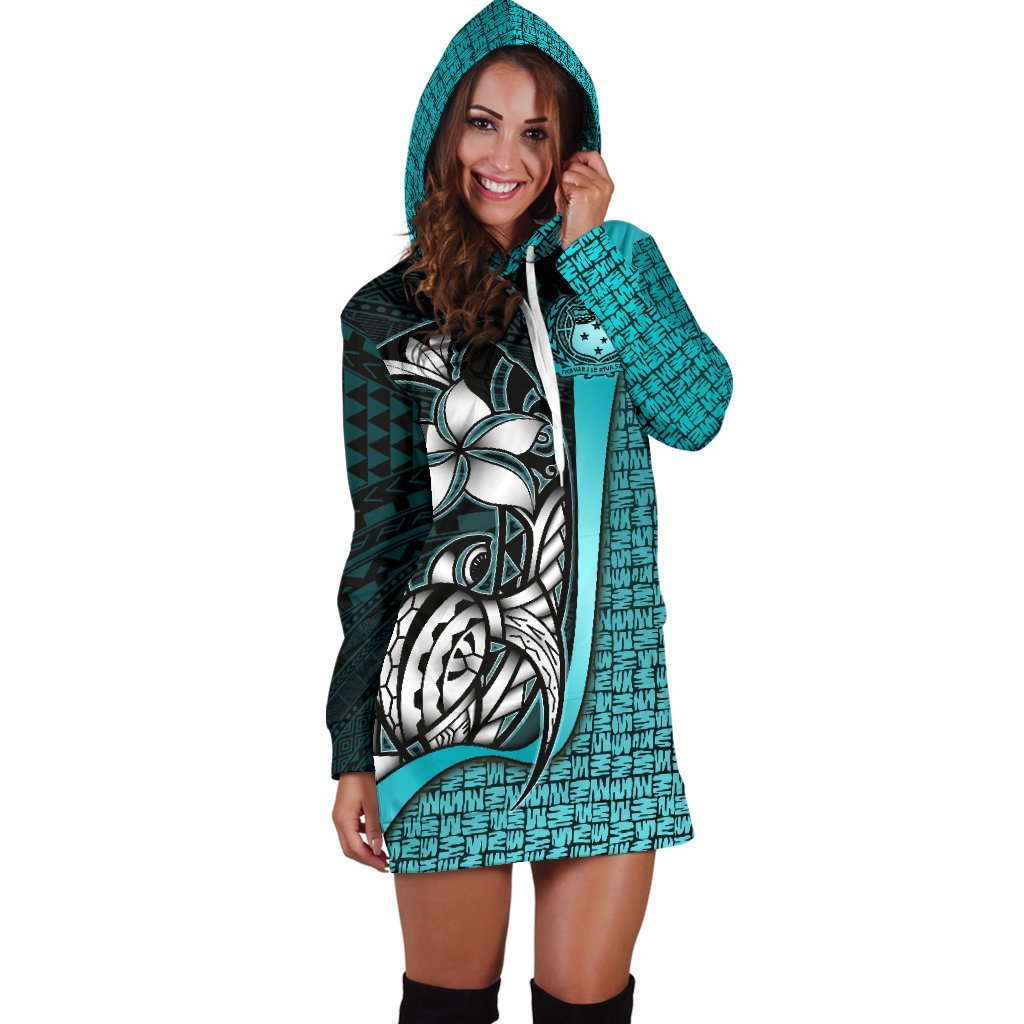 Samoa Polynesian Women's Hoodie Dress Turquoise - Turtle With Hook - Polynesian Pride