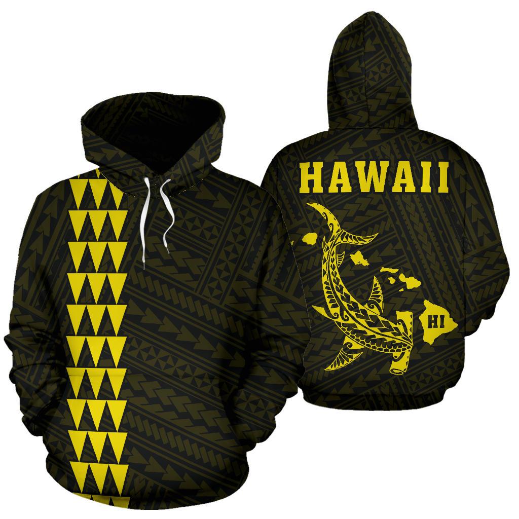 Polynesian Kakau Hammerhead Shark Map of Hawaii Hoodie Yellow Unisex Yellow - Polynesian Pride