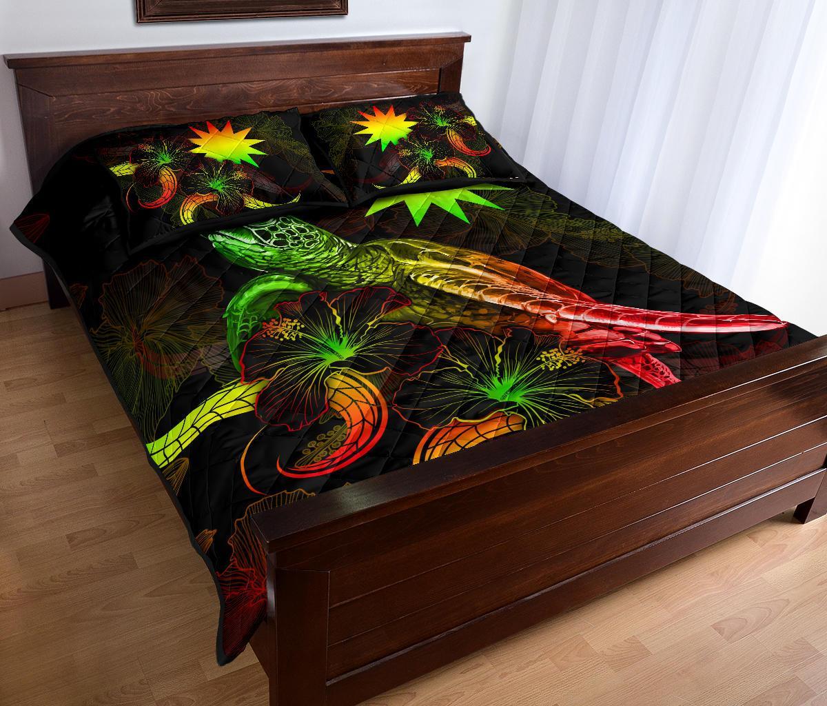 Nauru Polynesian Quilt Bed Set - Turtle With Blooming Hibiscus Reggae - Polynesian Pride