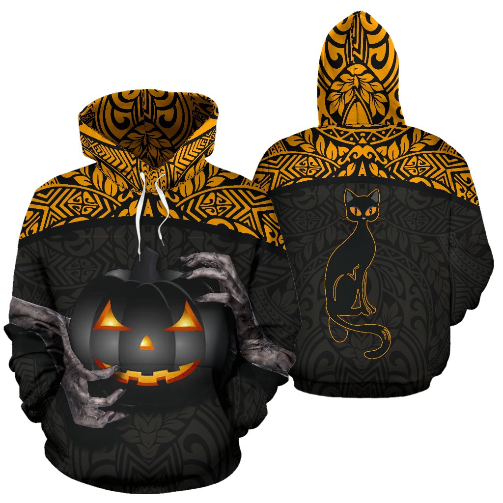 Halloween Polynesian Hoodie Hold Your Pumpkins and Black Cat Unisex Black - Polynesian Pride