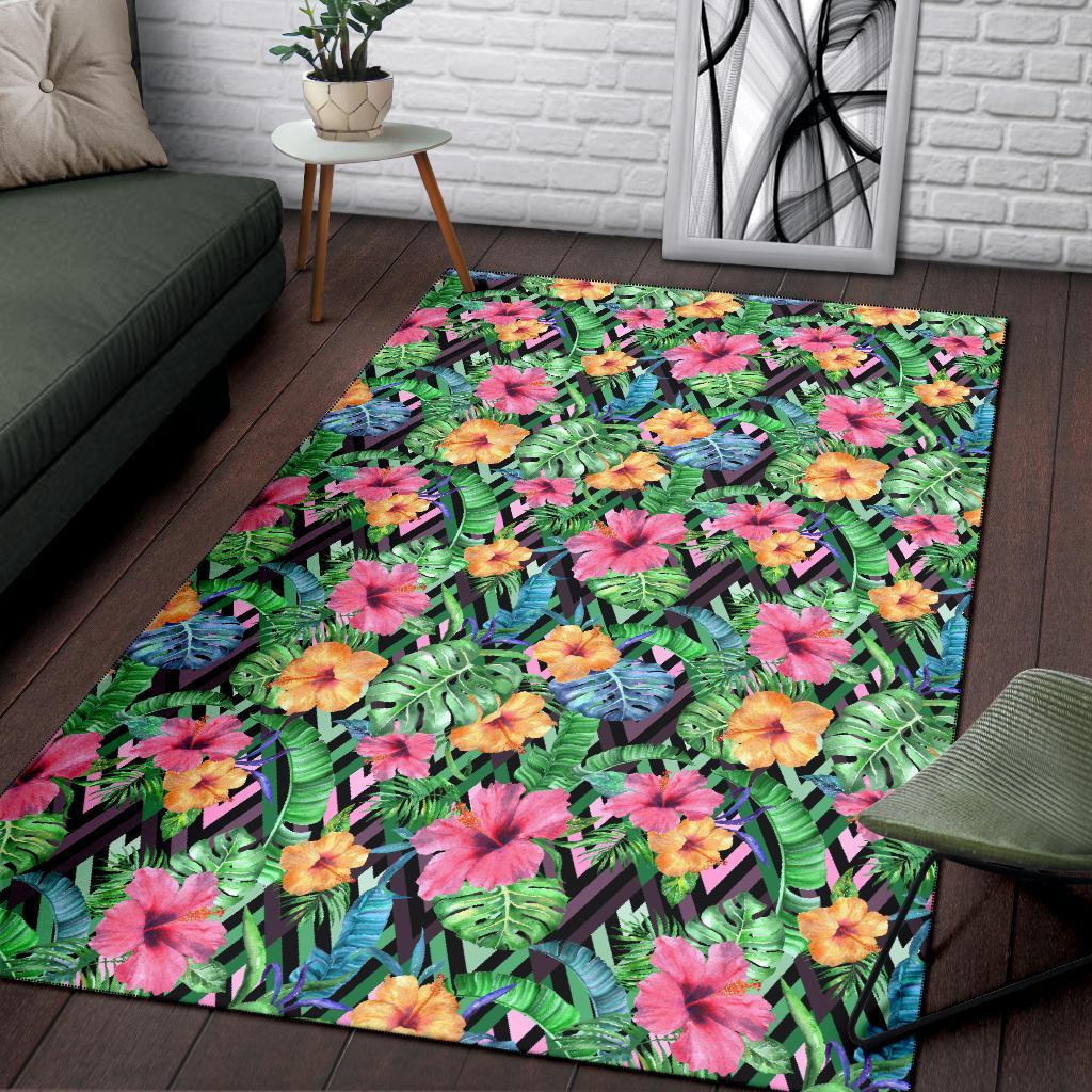 Tropical Hibiscus Banana Leafs Rug - Polynesian Pride