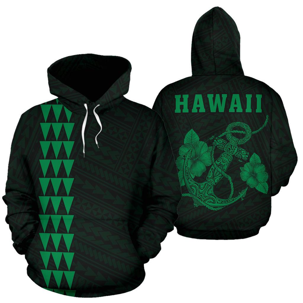 Polynesian Kakau Anchor Hibiscus Hawaii Hoodie Green Unisex Green - Polynesian Pride