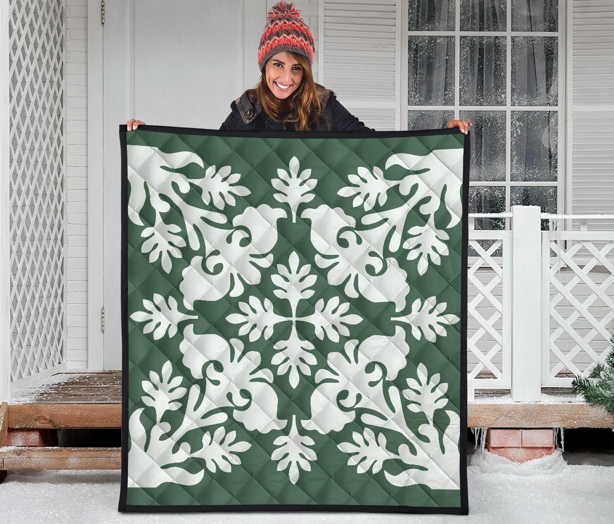 Hawaiian Flower Tropical Pattern Premium Quilt - Green - Argu Style - AH - Polynesian Pride