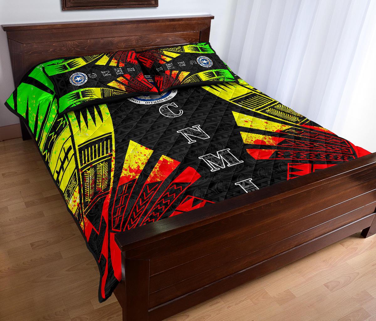 Northern Mariana Islands Quilt Bed Set - Northern Mariana Islands Seal & Polynesian Reggae Tattoo Style - Polynesian Pride