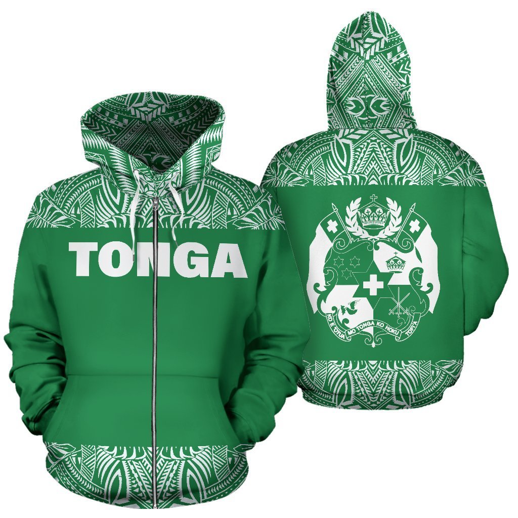 Tonga All Over Zip up Hoodie Polynesian Green and White Unisex Green And White - Polynesian Pride