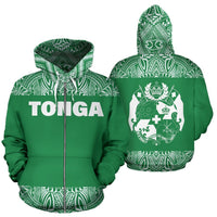 Tonga All Over Zip up Hoodie Polynesian Green and White Unisex Green And White - Polynesian Pride