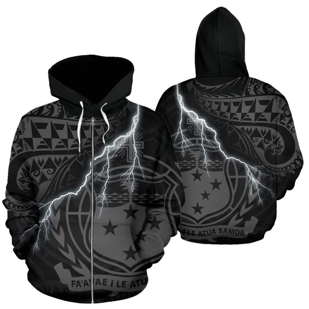 Samoa Polynesian Zip up Hoodie Lighting Thunder Unisex Black - Polynesian Pride
