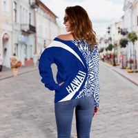 Hawaii Turtle Polynesian Women's Off Shoulder Sweater - Circle Style - AH - Blue - Polynesian Pride