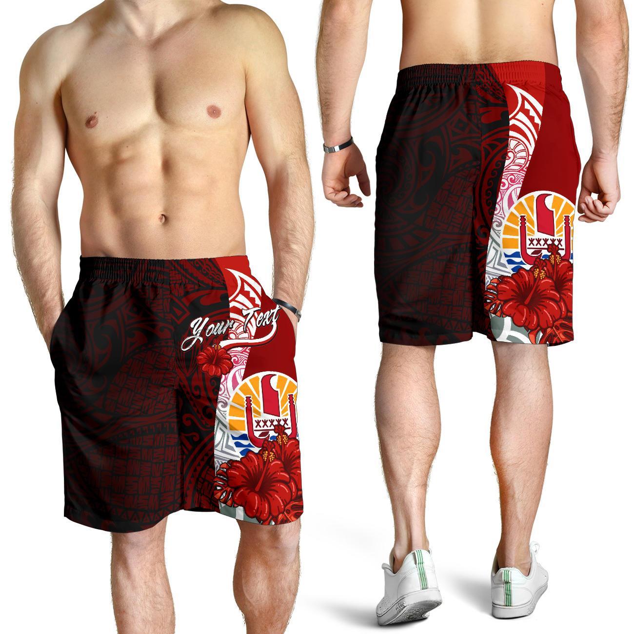 Tahiti Polynesian Custom Personalised Men's Shorts - Coat Of Arm With Hibiscus Red - Polynesian Pride